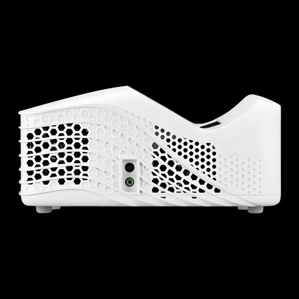 Acer Proyector HL1810U 3500lm 4K Blanco, lateral: rejillas hexagonales de ventilación y puertos de audio jack