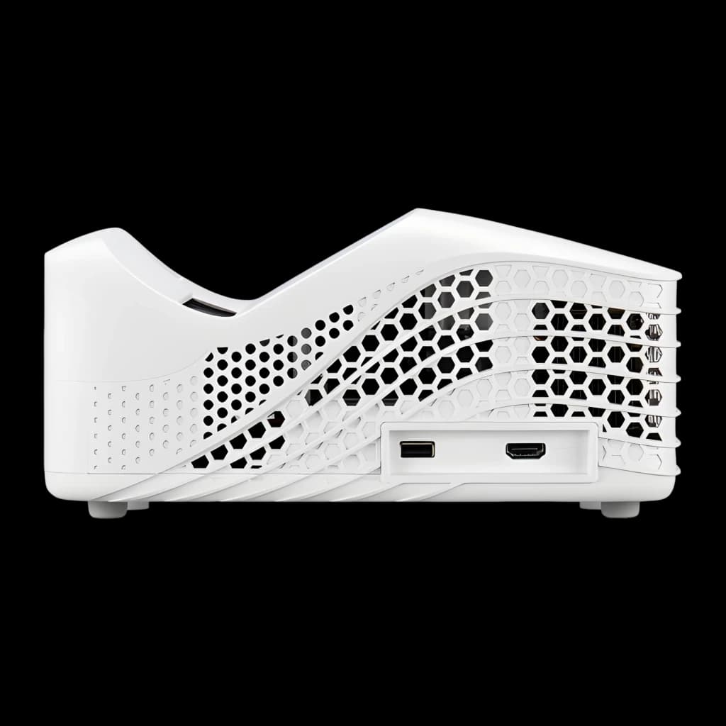 Acer Proyector HL1810U 3500lm 4K Blanco, lateral: rejillas hexagonales de ventilación y puertos USB y HDMI visibles