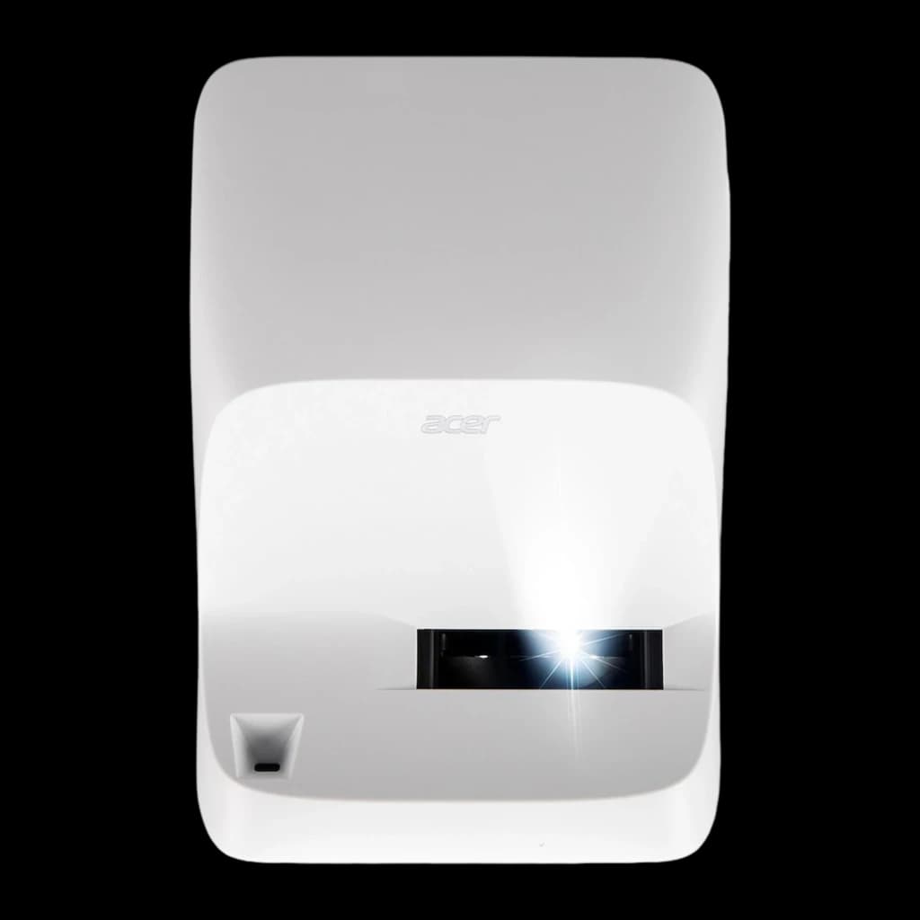 Acer Proyector HL1810U 4K UHD Blanco, vista frontal: lente de proyección iluminada y logo Acer en carcasa blanca