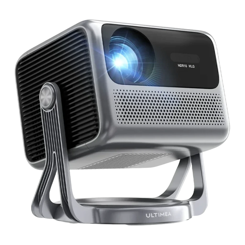 Ultimea Nova C40 4K 16GB Prateado, vista frontal lateral: lente iluminada, grade de alto-falante, roda de ajuste e base - Item1