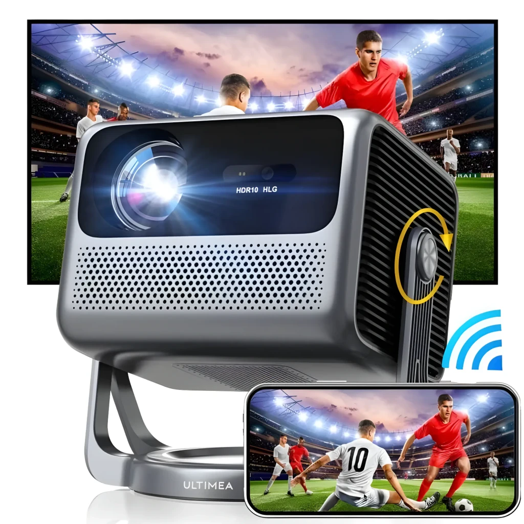 Ultimea Nova C40 4K 16GB Prateado, vista frontal lateral: lente iluminada, grade de alto-falante, roda de ajuste e base - Item4