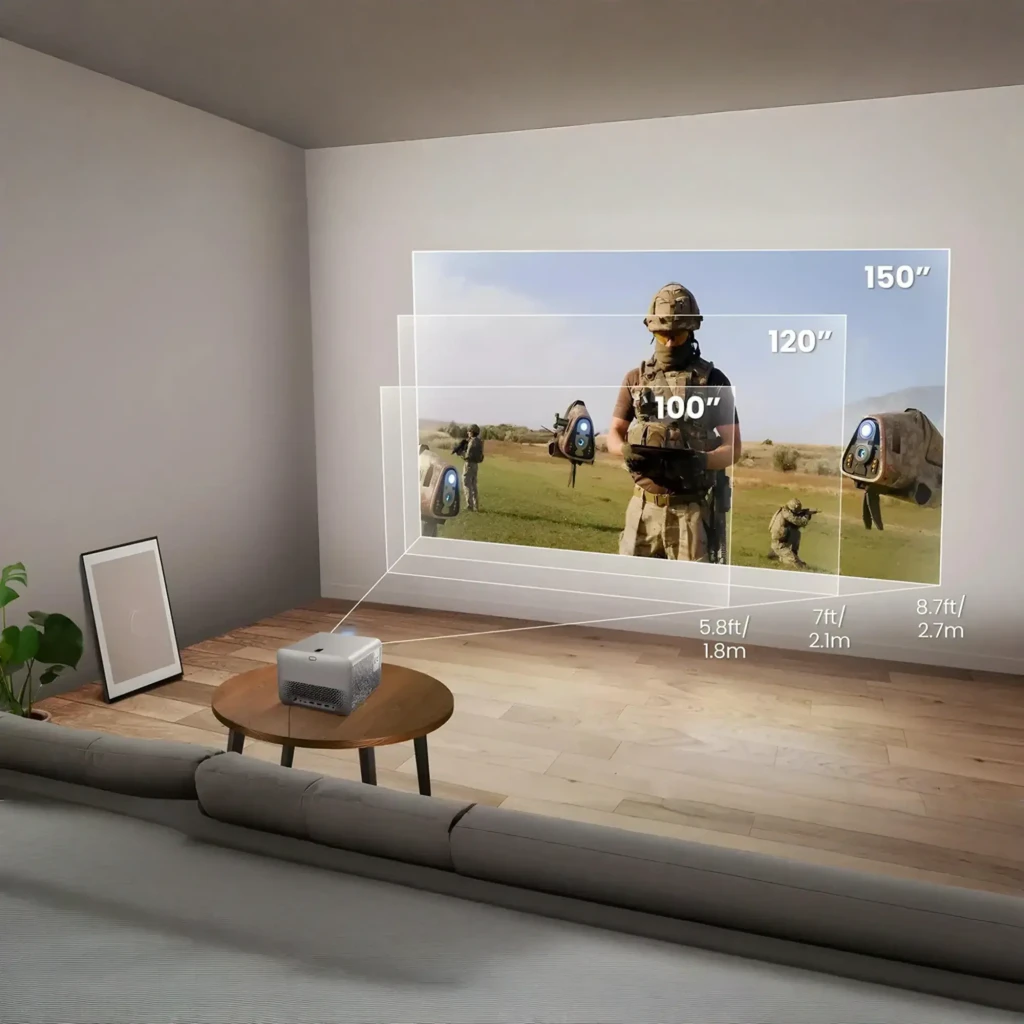 BenQ Projetor TK705STi 4K UHD 3000lm Cinza, vista frontal-lateral esquerda: objetiva, grelha lateral e logo BenQ visíveis - Item7