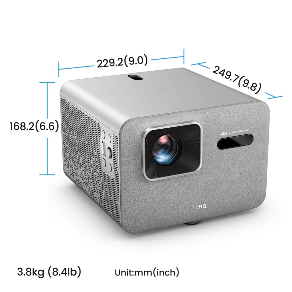 BenQ Proyector TK705STi 4K UHD 3000lm Gris, vista frontal 3/4 con dimensiones: 229,2x249,7x168,2mm y peso 3,8kg