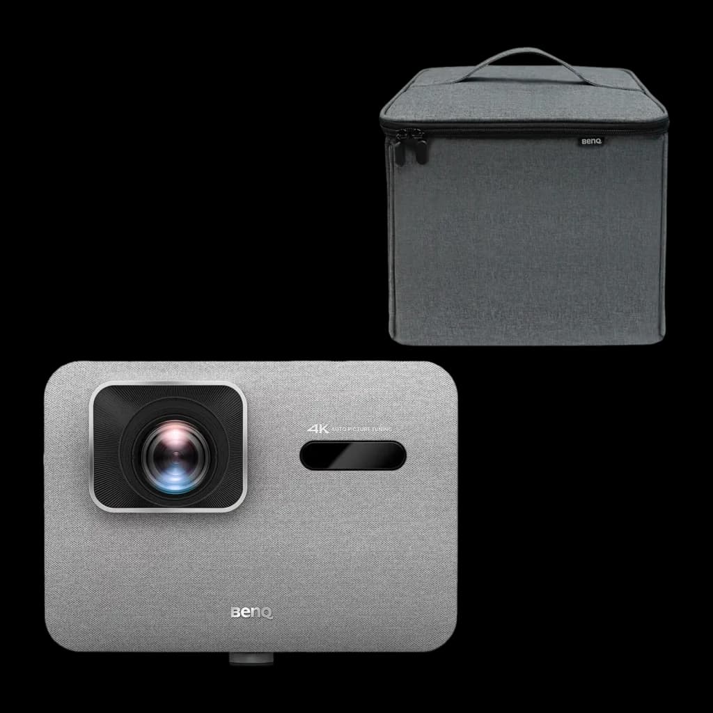 BenQ Proyector TK705STi 4K UHD Gris, vista frontal con funda: lente, cubierta textil gris y bolsa de transporte incluida