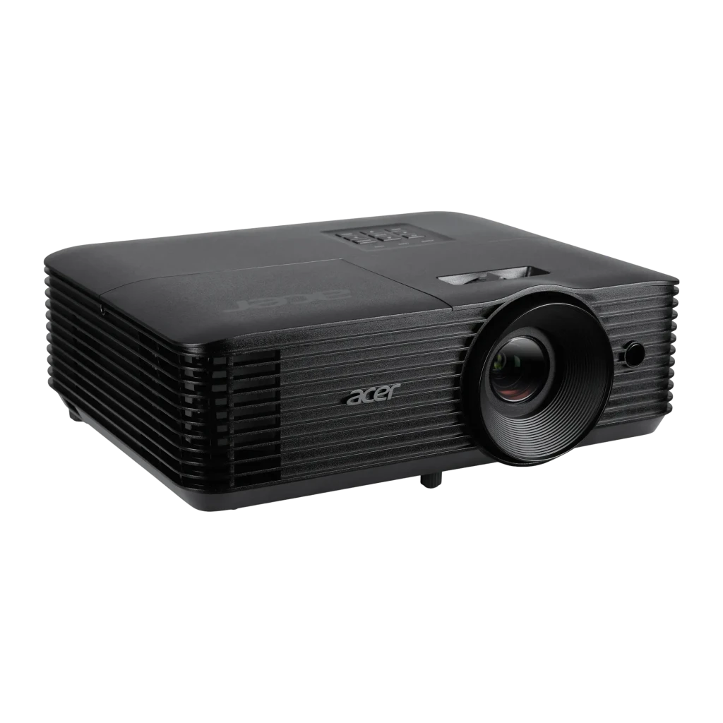Acer Proyector MR.JXE11.001 4800lm negro, vista frontal: objetivo iluminado, rejillas laterales y logo Acer centrado - Ítem1
