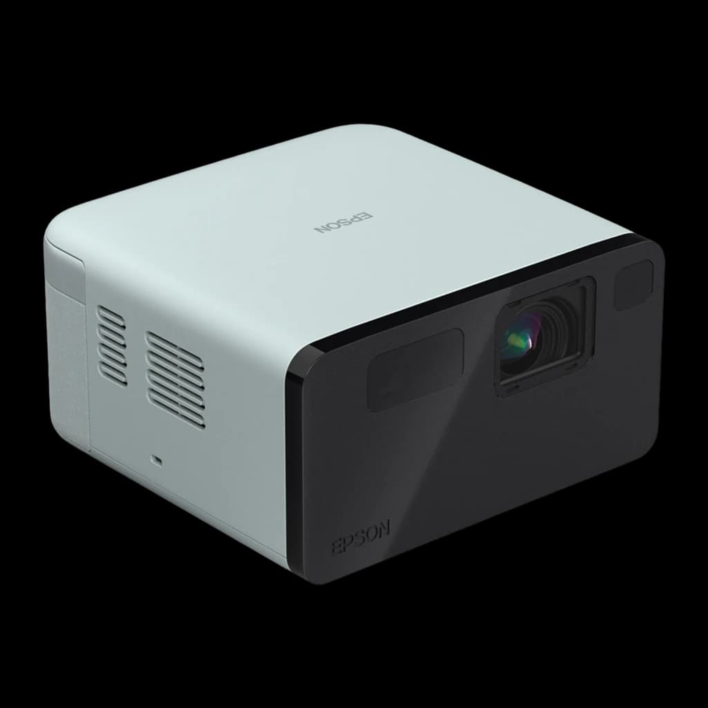 Epson EF-21G 3LCD 1080p noir et vert, vue en angle: corps vert menthe, façade noire avec objectif et grilles latérales