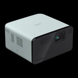 Epson EF-21G 3LCD 1080p noir et vert, vue en angle: corps vert menthe, façade noire avec objectif et grilles latérales
