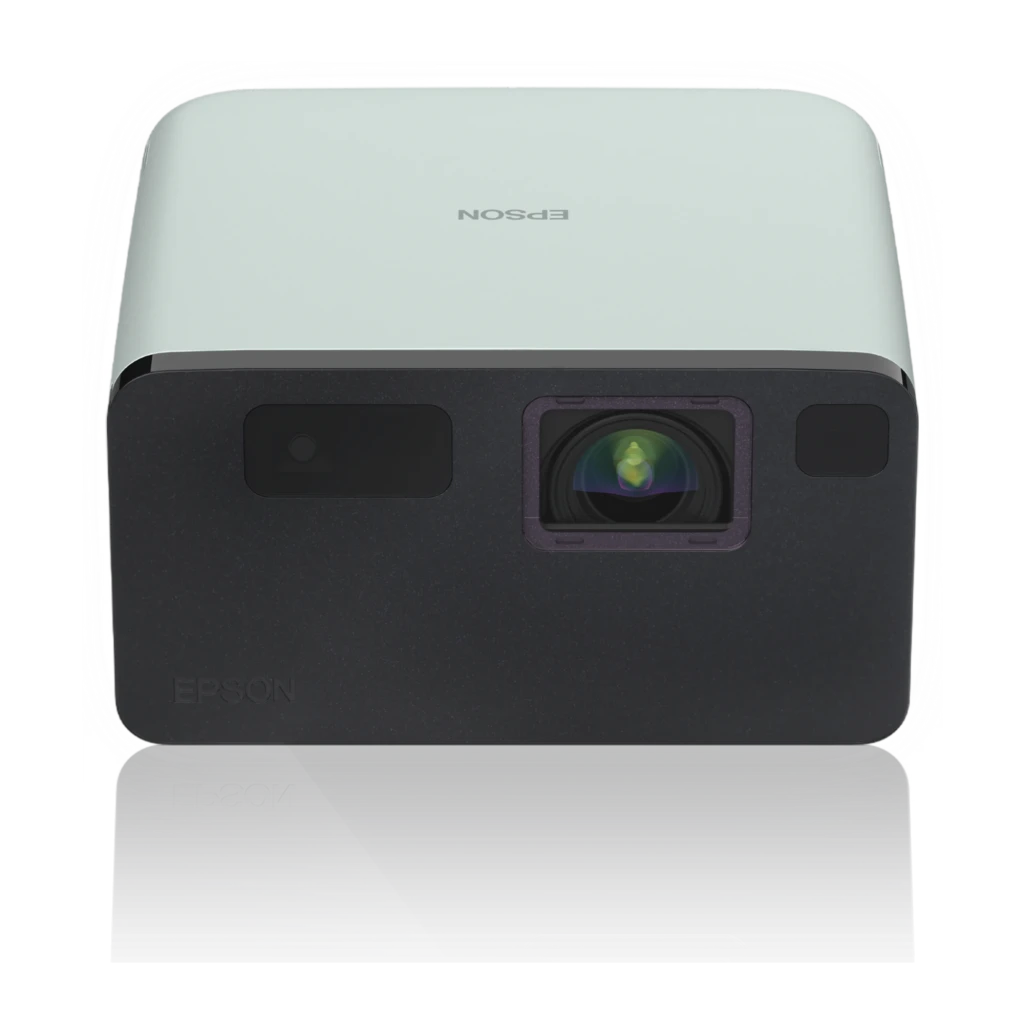 Epson EF-21G 3LCD 1080p preto e verde, vista em ângulo: corpo verde menta, painel frontal preto com lente e grades laterais - Item1