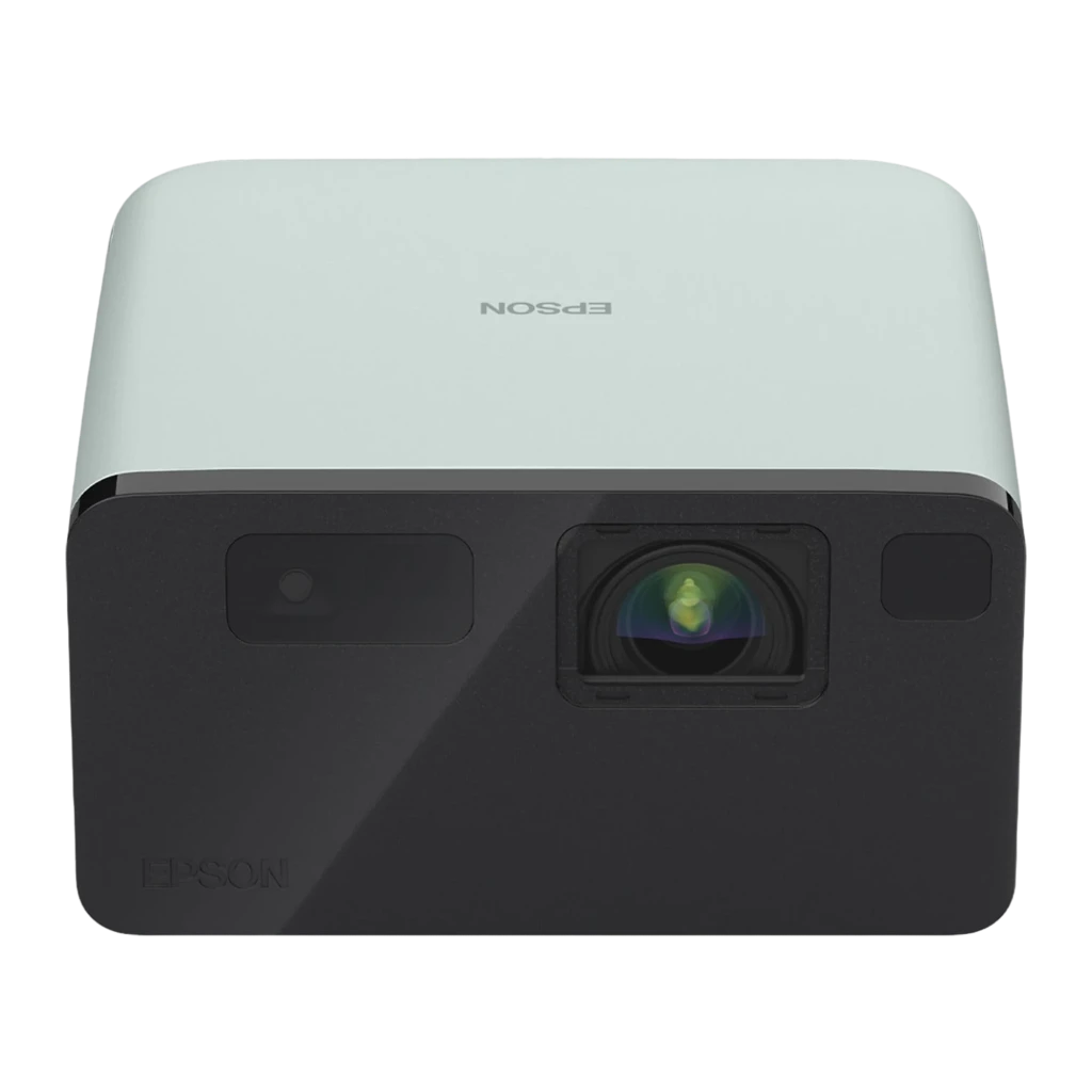 Epson EF-21G 3LCD 1080p preto e verde, vista em ângulo: corpo verde menta, painel frontal preto com lente e grades laterais - Item2