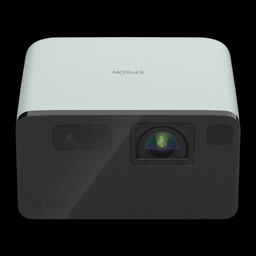 Epson EF-21G 3LCD 1080p noir et vert, vue frontale centrée: objectif à reflets verts, panneau noir uni sans cadre violet