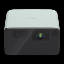 Epson EF-21G 3LCD 1080p noir et vert, vue frontale centrée: objectif à reflets verts, panneau noir uni sans cadre violet