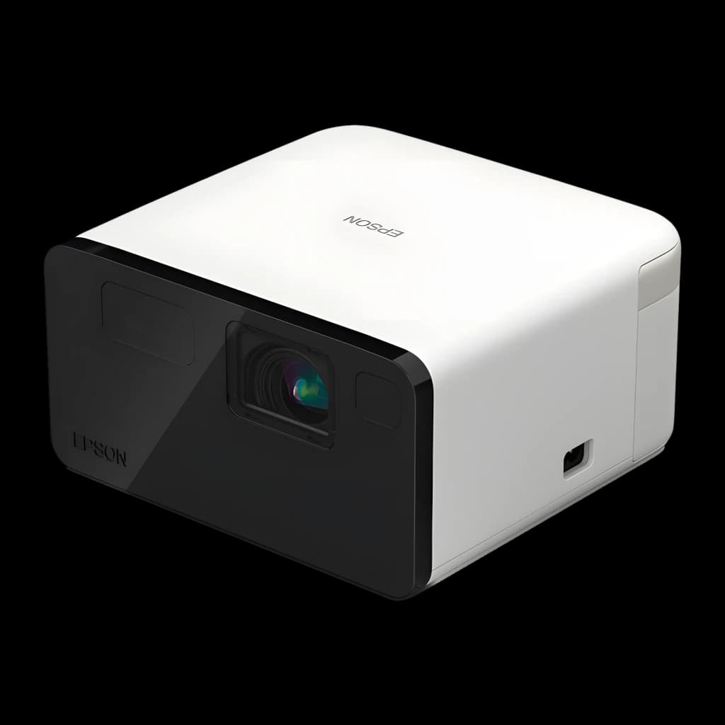 Epson Projecteur EF-21G 3LCD 1080p Noir, vue en perspective: façade noire avec objectif et côté blanc avec logo Epson