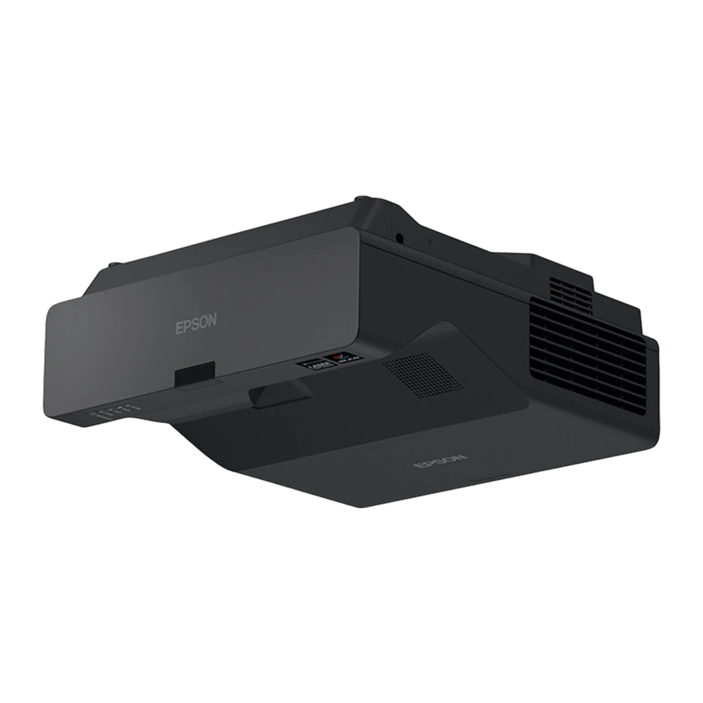 Epson EB-775F 4100lm 3LCD 1080p negro, vista frontal-lateral: rejilla de ventilación, lente ultracorta y patas regulables - Ítem1