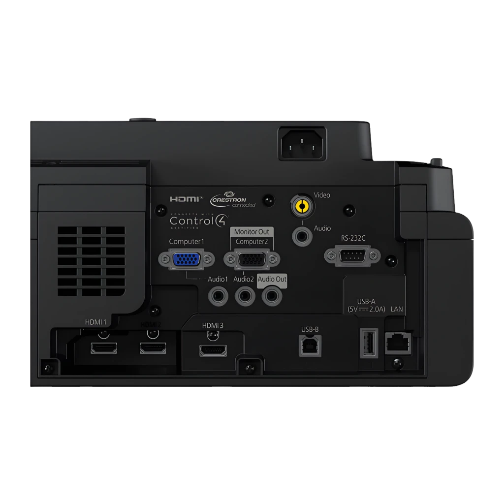 Epson EB-775F 4100lm 3LCD 1080p negro, vista frontal-lateral: rejilla de ventilación, lente ultracorta y patas regulables - Ítem3