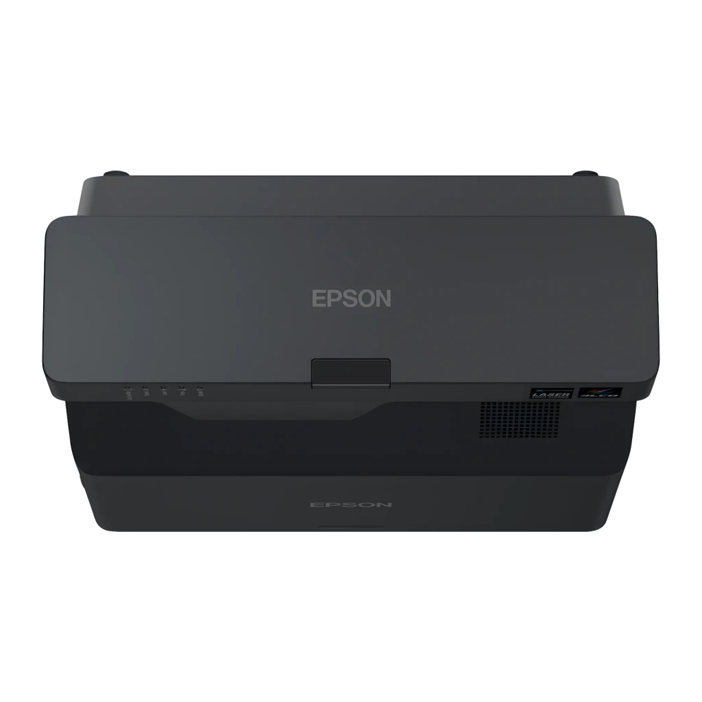 Epson EB-775F 4100lm 3LCD 1080p negro, vista frontal-lateral: rejilla de ventilación, lente ultracorta y patas regulables - Ítem2