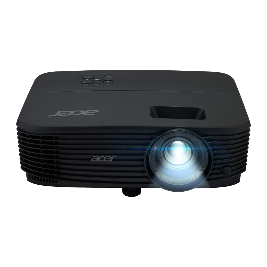 Acer Proyector X1229 4800lm DLP XGA 3D negro, vista frontal lateral: lente encendida con haz de luz azul brillante - Ítem1
