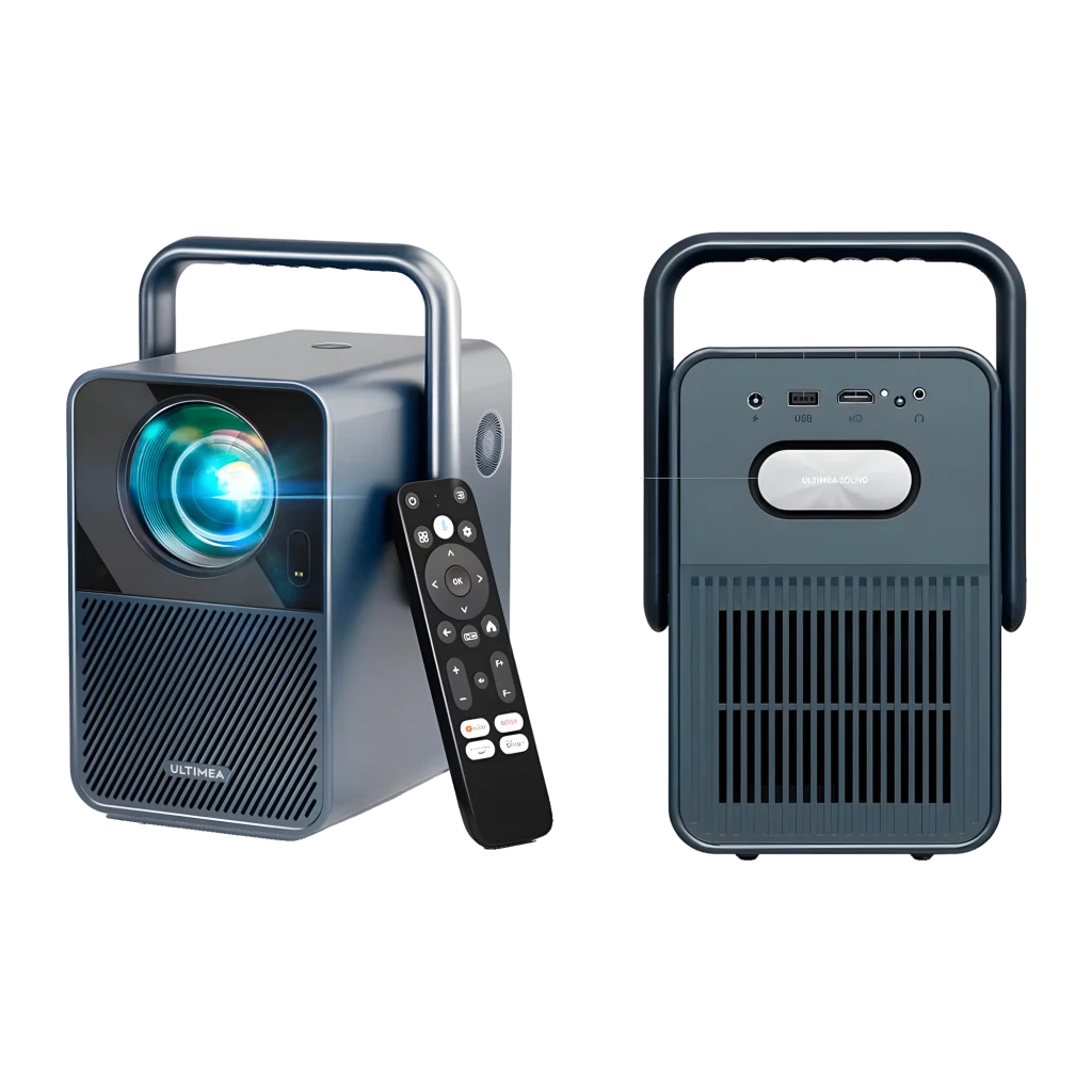 Ultimea Poseidon E40 8GB cinza, vista frontal com controlo: lente, pega superior, grelha e controlo remoto - Item2