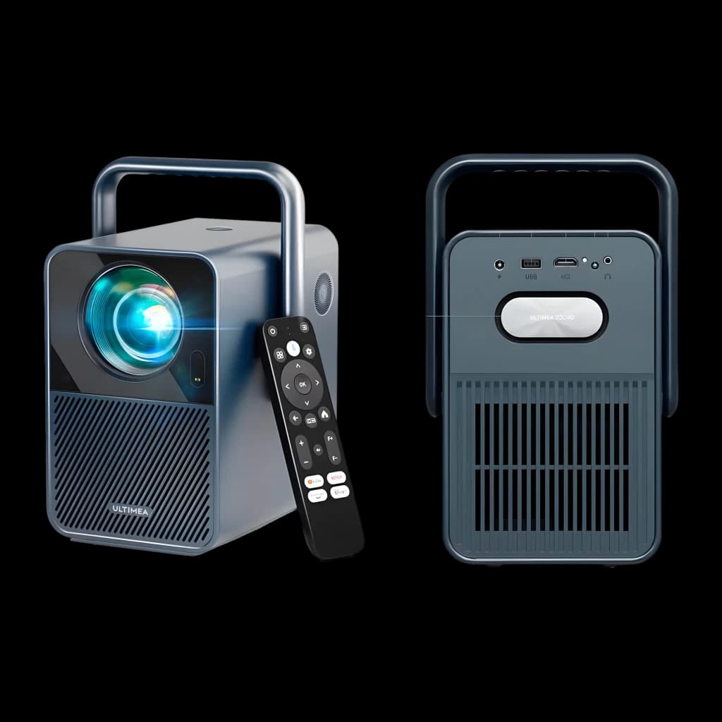 Ultimea Poseidon E40 4K 8GB gris, vistas frontal y trasera: lente, mando a distancia y panel de conectores
