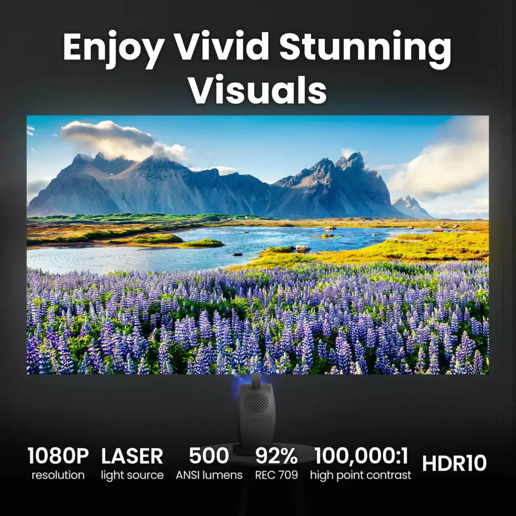 BenQ Proyector GV50p 1080p Negro, vista frontal: lente con marco azul, rejillas laterales y base - Ítem11