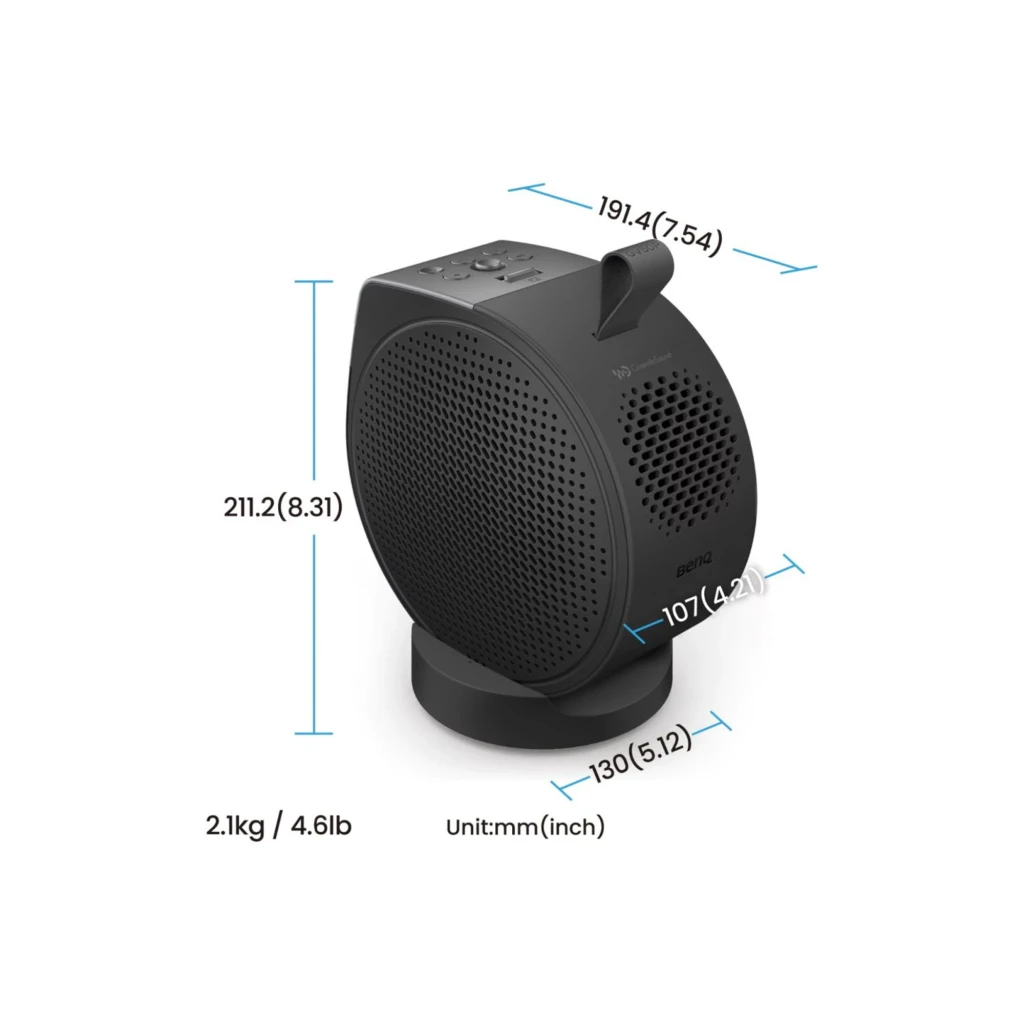 BenQ Proyector GV50p 1080p Negro, vista frontal: lente con marco azul, rejillas laterales y base - Ítem12