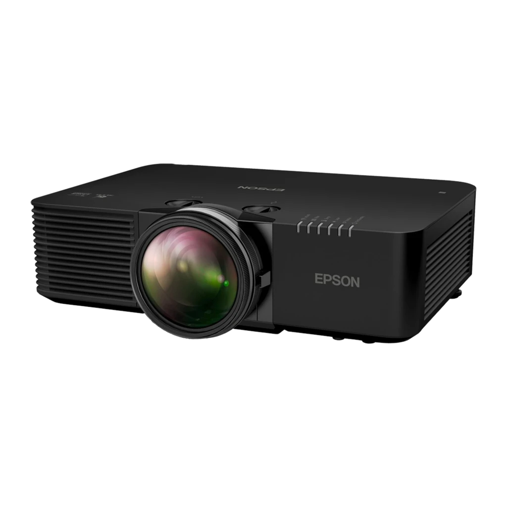 Epson EB-L695SU 6200lm negro, vista frontal-lateral derecha: objetivo gran angular, rejillas de ventilación y logo Epson - Ítem1