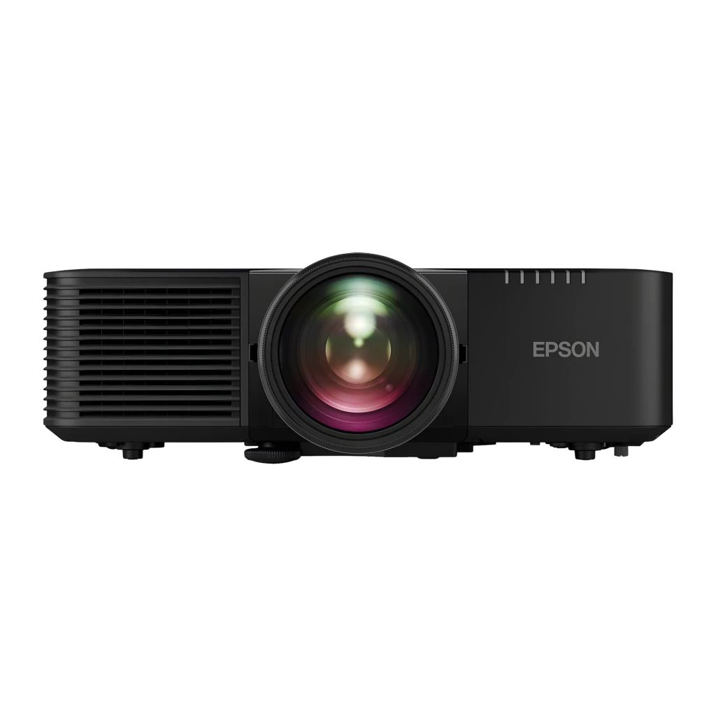 Epson EB-L695SU 6200lm negro, vista frontal-lateral derecha: objetivo gran angular, rejillas de ventilación y logo Epson - Ítem3