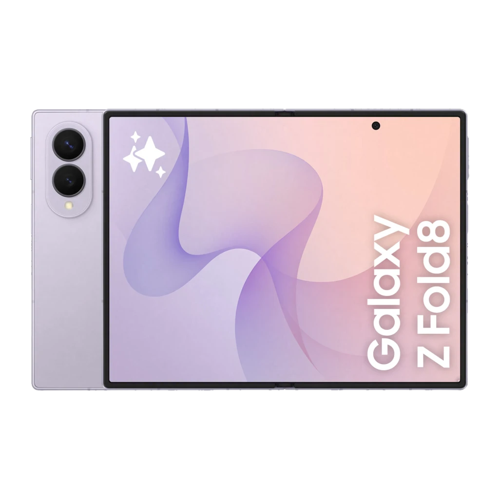 Samsung Galaxy Z Fold8 5G 1TB roxo, vista aberta frontal e traseira: módulo de câmeras oval e ecrã interior ligado - Item1