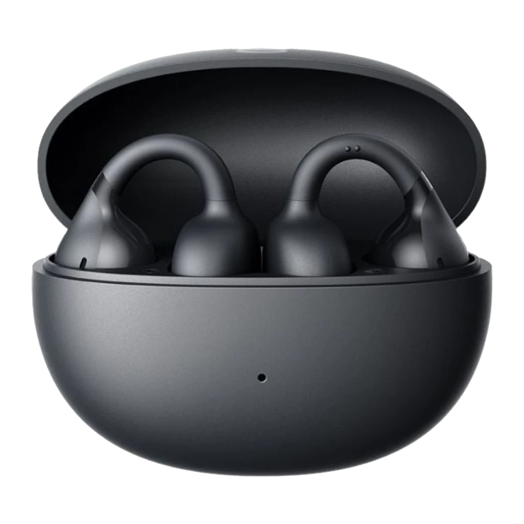 Baseus Bass BC1 Open-Ear TWS preto, vista frontal: auriculares clip-on em estojo aberto com ganchos de orelha visíveis - Item
