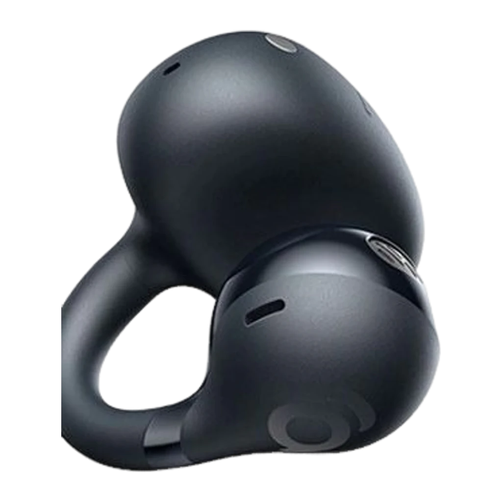 Baseus Bass BC1 Open-Ear TWS preto, vista frontal: auriculares clip-on em estojo aberto com ganchos de orelha visíveis - Item3