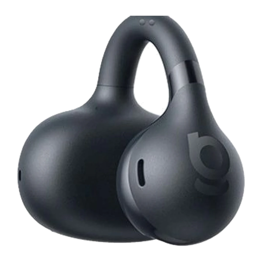 Baseus Bass BC1 Open-Ear TWS preto, vista frontal: auriculares clip-on em estojo aberto com ganchos de orelha visíveis - Item1