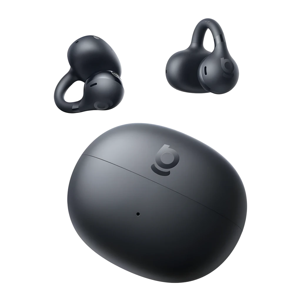 Baseus Bass BC1 Open-Ear TWS preto, vista frontal: auriculares clip-on em estojo aberto com ganchos de orelha visíveis - Item2
