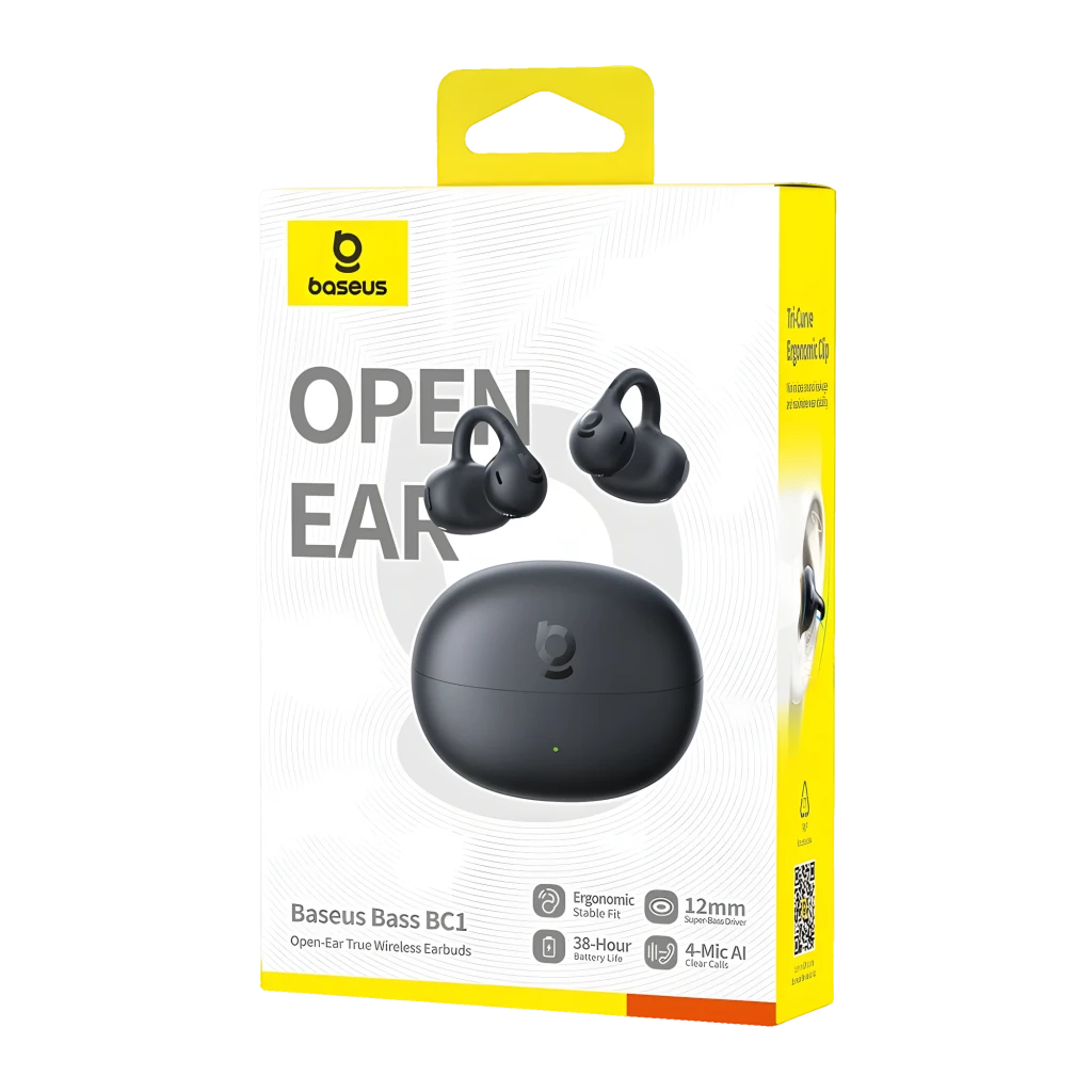 Baseus Bass BC1 Open-Ear TWS preto, vista frontal: auriculares clip-on em estojo aberto com ganchos de orelha visíveis - Item4