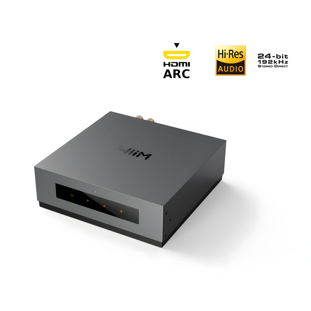WiiM Vibelink Amp gris, vista frontal superior: carcasa metálica con logo WiiM y panel táctil con iconos naranjas - Ítem1