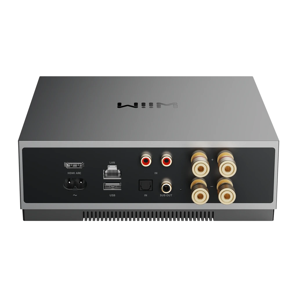 WiiM Vibelink Amp gris, vista frontal superior: carcasa metálica con logo WiiM y panel táctil con iconos naranjas - Ítem2