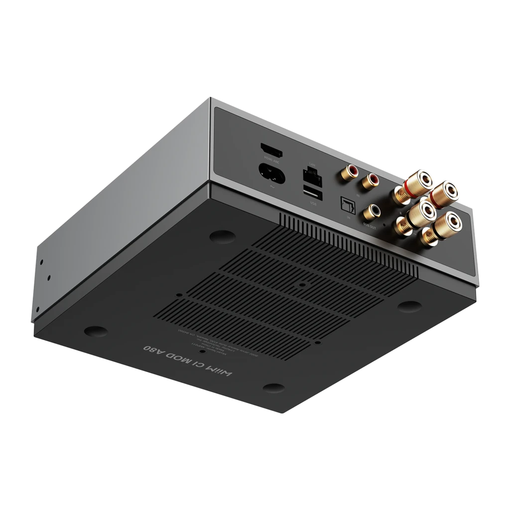 WiiM Vibelink Amp gris, vista frontal superior: carcasa metálica con logo WiiM y panel táctil con iconos naranjas - Ítem3