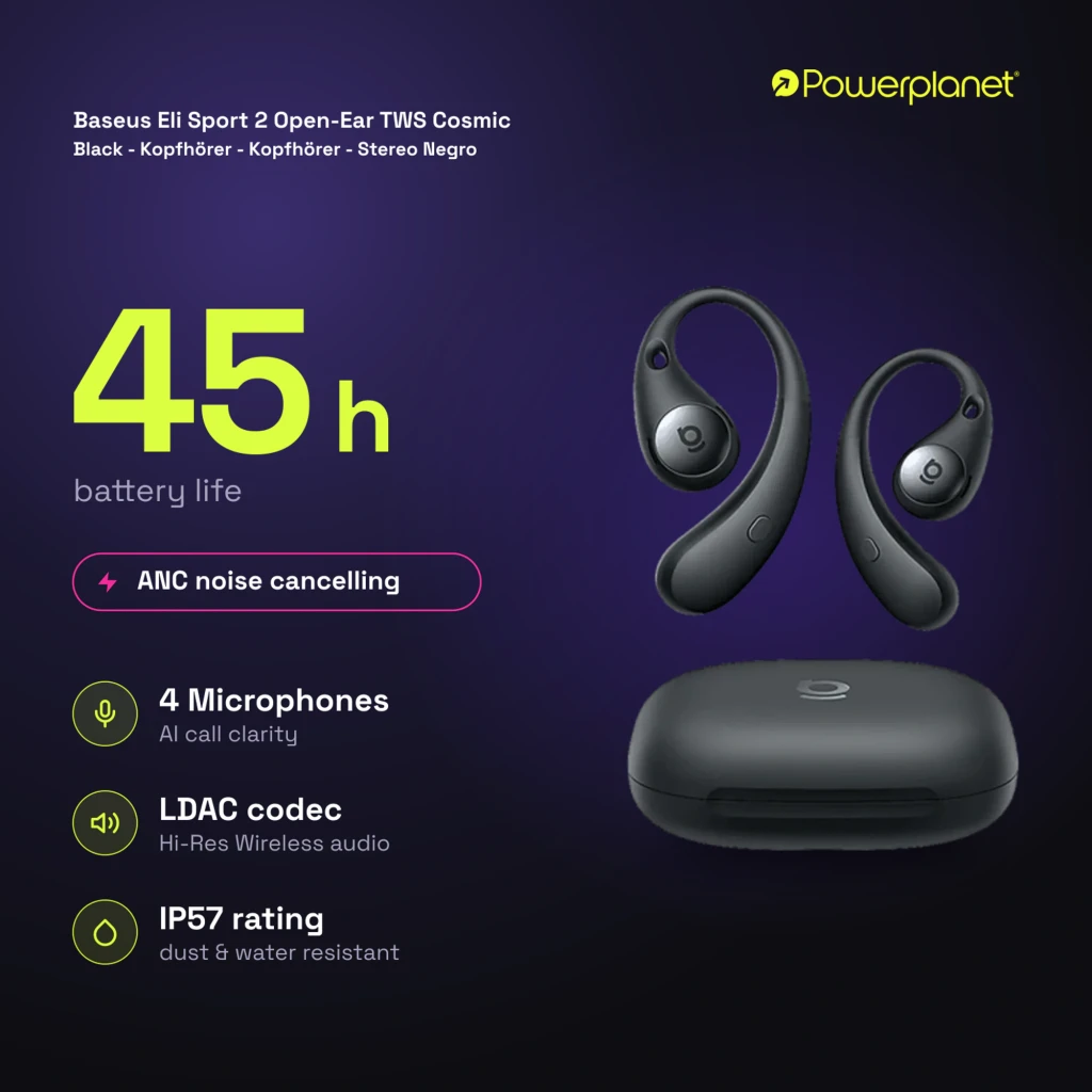 Baseus Eli Sport 2 Open-Ear TWS preto, vista frontal: auriculares com gancho over-ear e estojo de carregamento preto - Item6