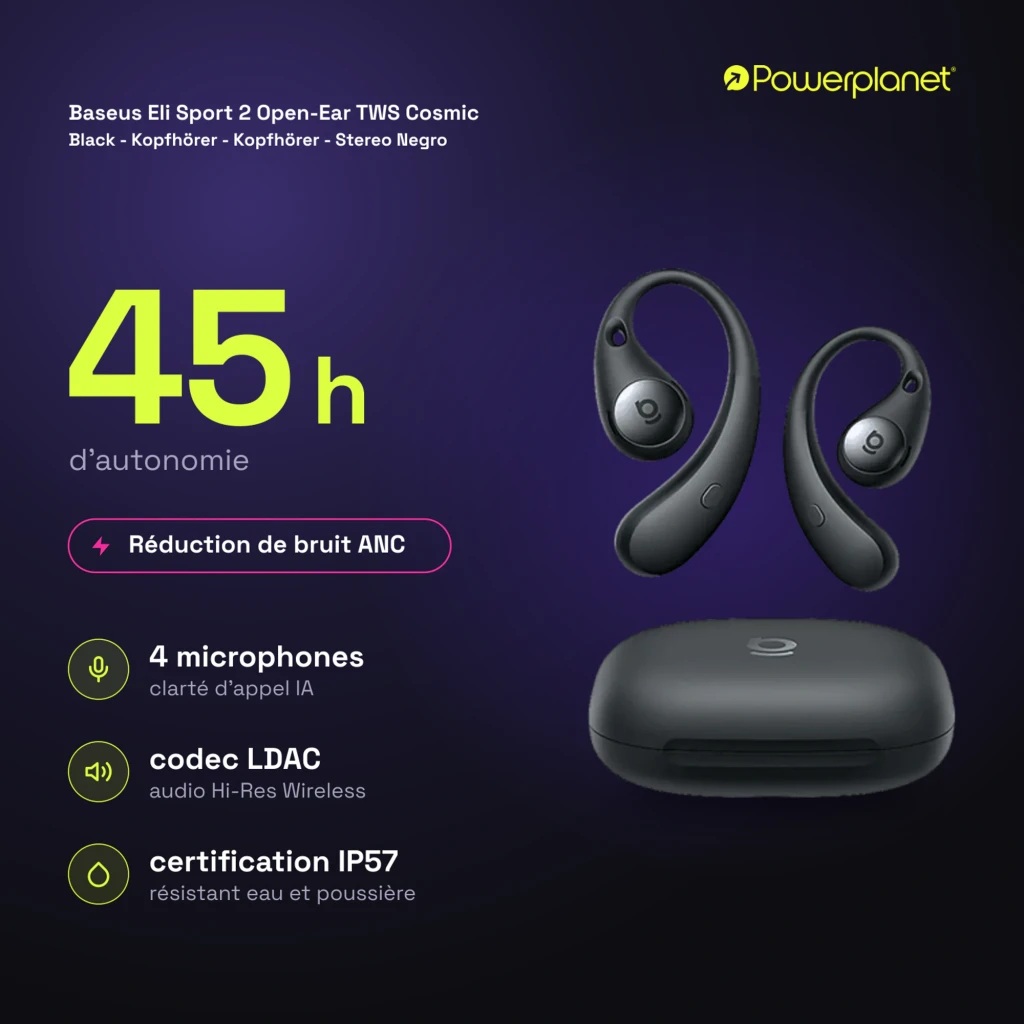 Baseus Eli Sport 2 Open-Ear TWS preto, vista frontal: auriculares com gancho over-ear e estojo de carregamento preto - Item5