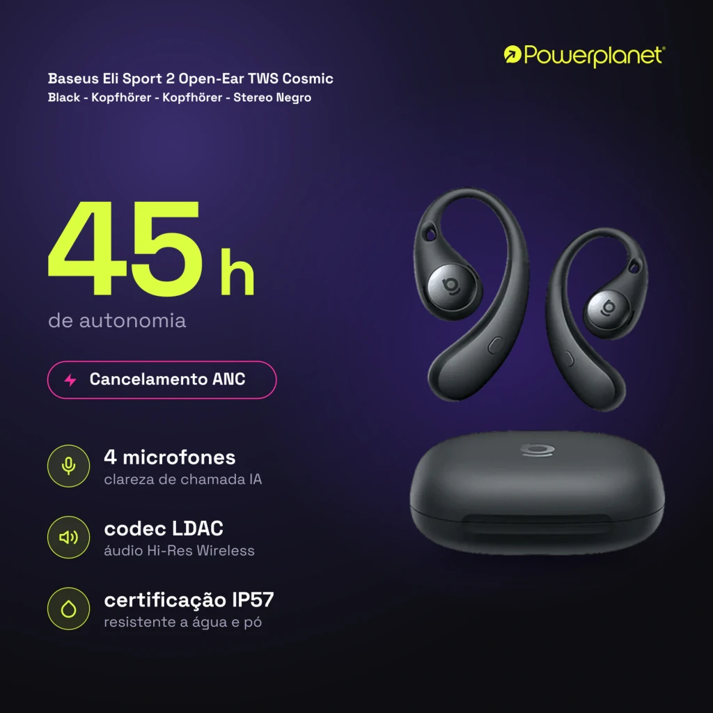 Baseus Eli Sport 2 Open-Ear TWS preto, vista frontal: auriculares com gancho over-ear e estojo de carregamento preto - Item4
