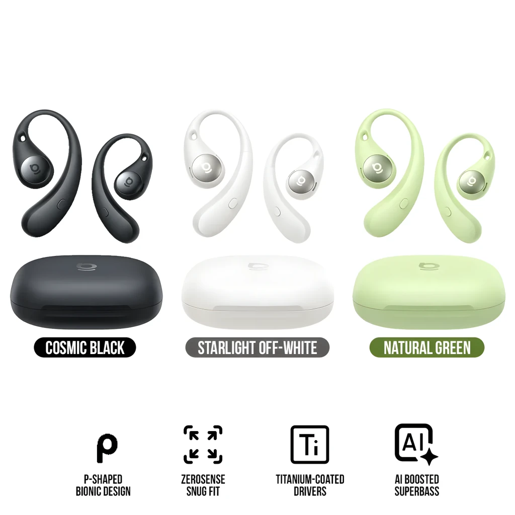 Baseus Eli Sport 2 Open-Ear TWS preto, vista frontal: auriculares com gancho over-ear e estojo de carregamento preto - Item1