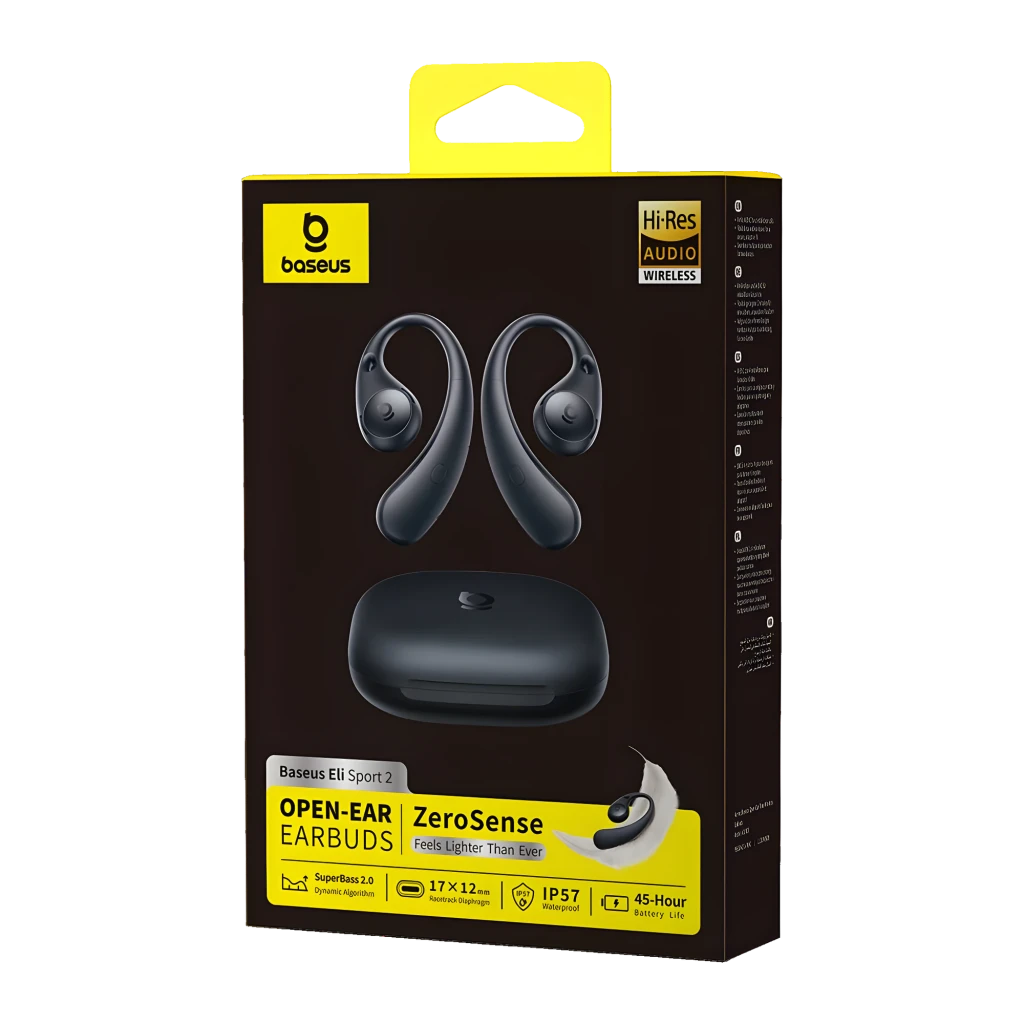 Baseus Eli Sport 2 Open-Ear TWS preto, vista frontal: auriculares com gancho over-ear e estojo de carregamento preto - Item2