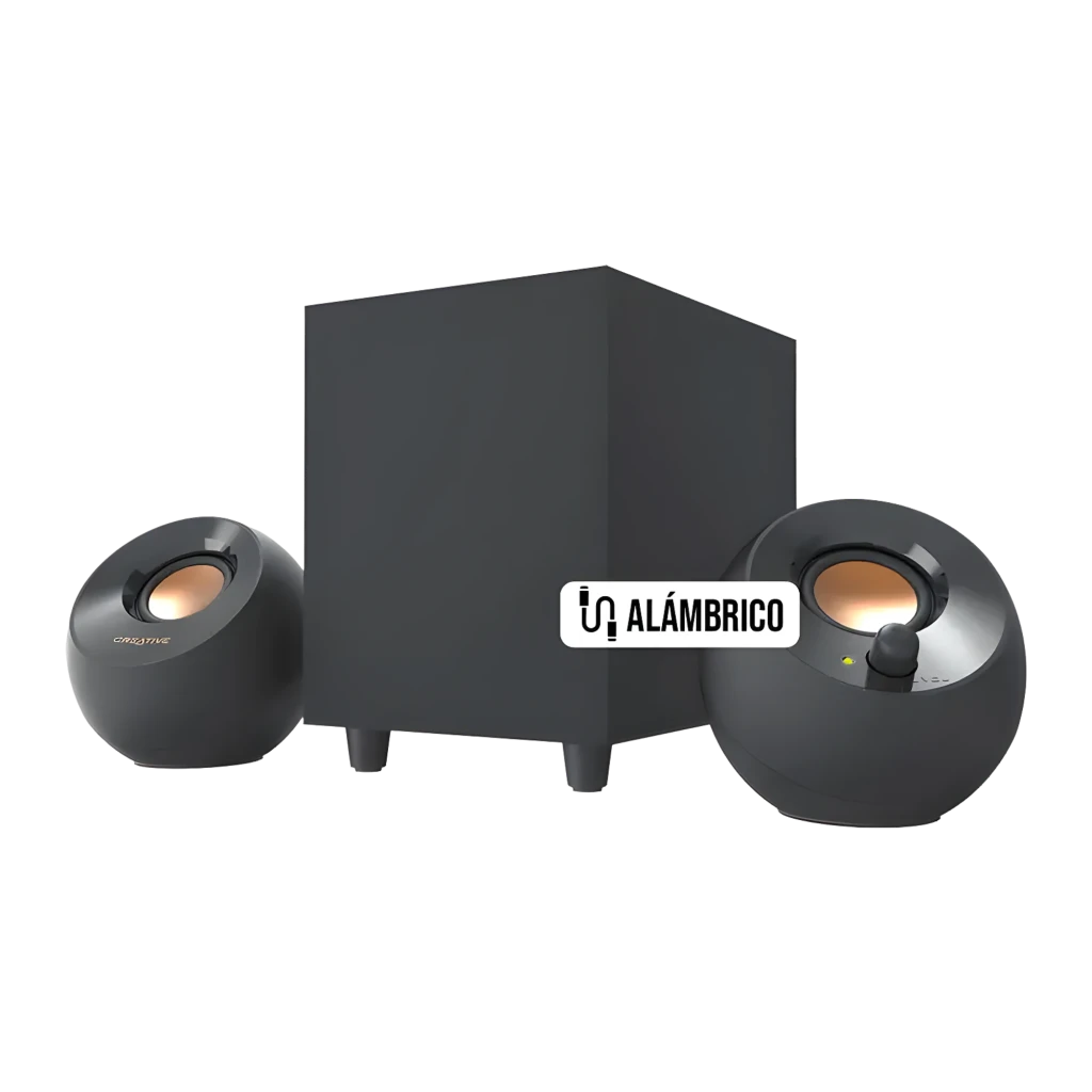Creative Pebble Plus 8W preto, vista frontal: dois satélites esféricos e subwoofer cúbico preto, cone dourado visível - Item3