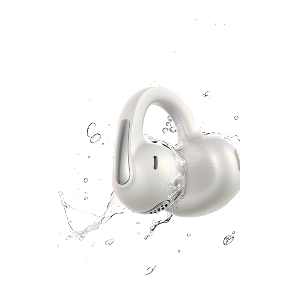 Baseus Bowie MC1 Pro Open-Ear TWS branco, vista principal: estojo aberto com auriculares de orelha aberta e gancho, LED verde - Item1