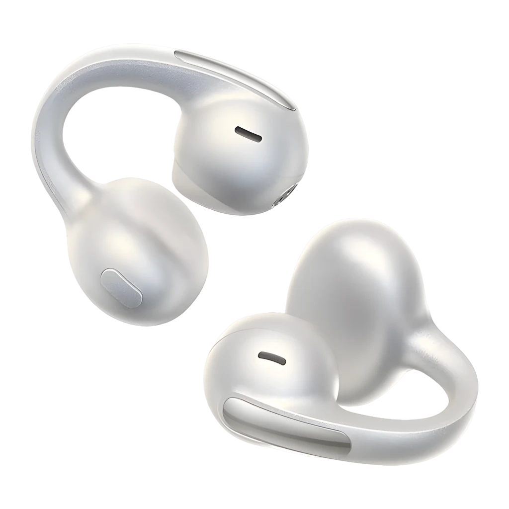 Baseus Bowie MC1 Pro Open-Ear TWS branco, vista principal: estojo aberto com auriculares de orelha aberta e gancho, LED verde - Item3