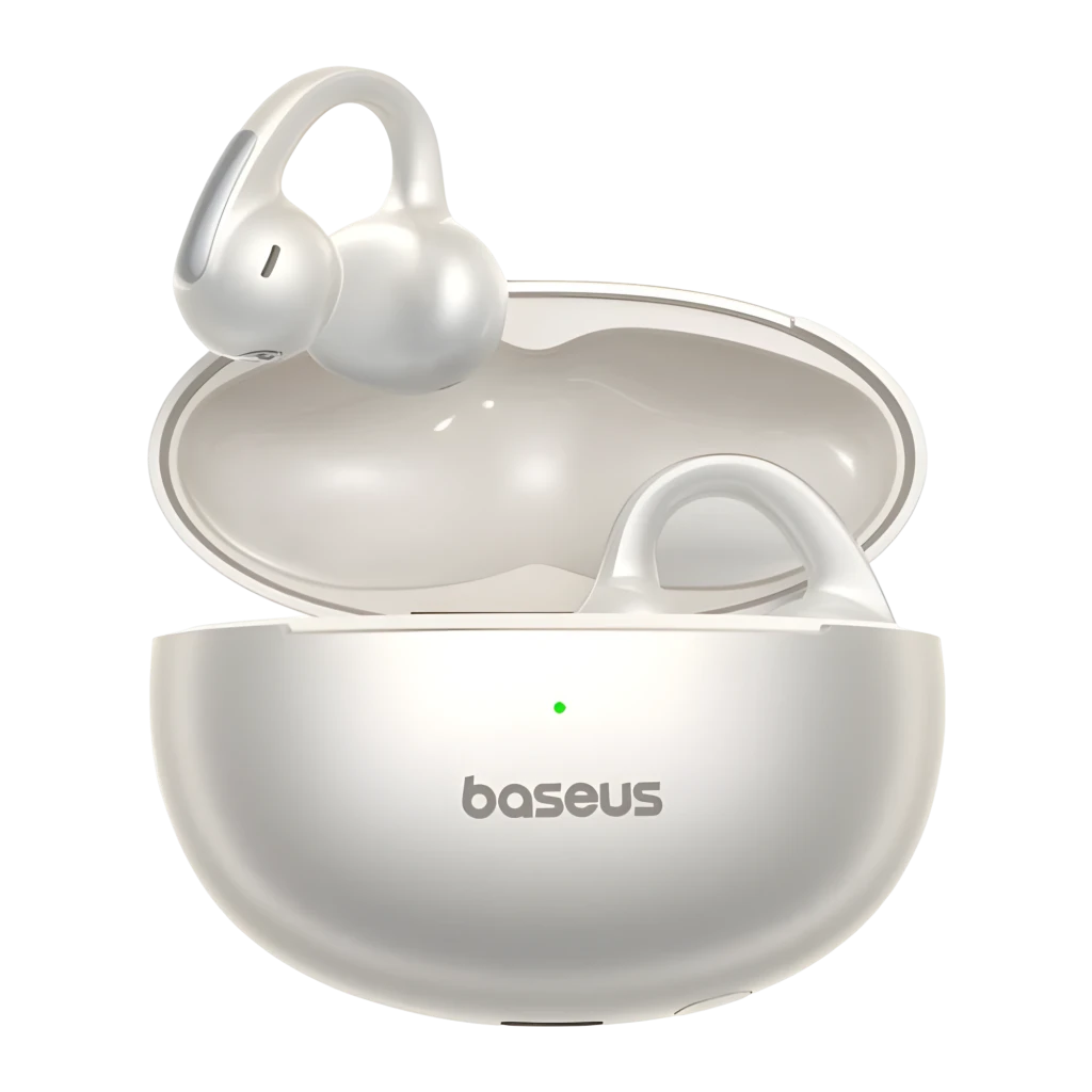 Baseus Bowie MC1 Pro Open-Ear TWS branco, vista principal: estojo aberto com auriculares de orelha aberta e gancho, LED verde - Item4