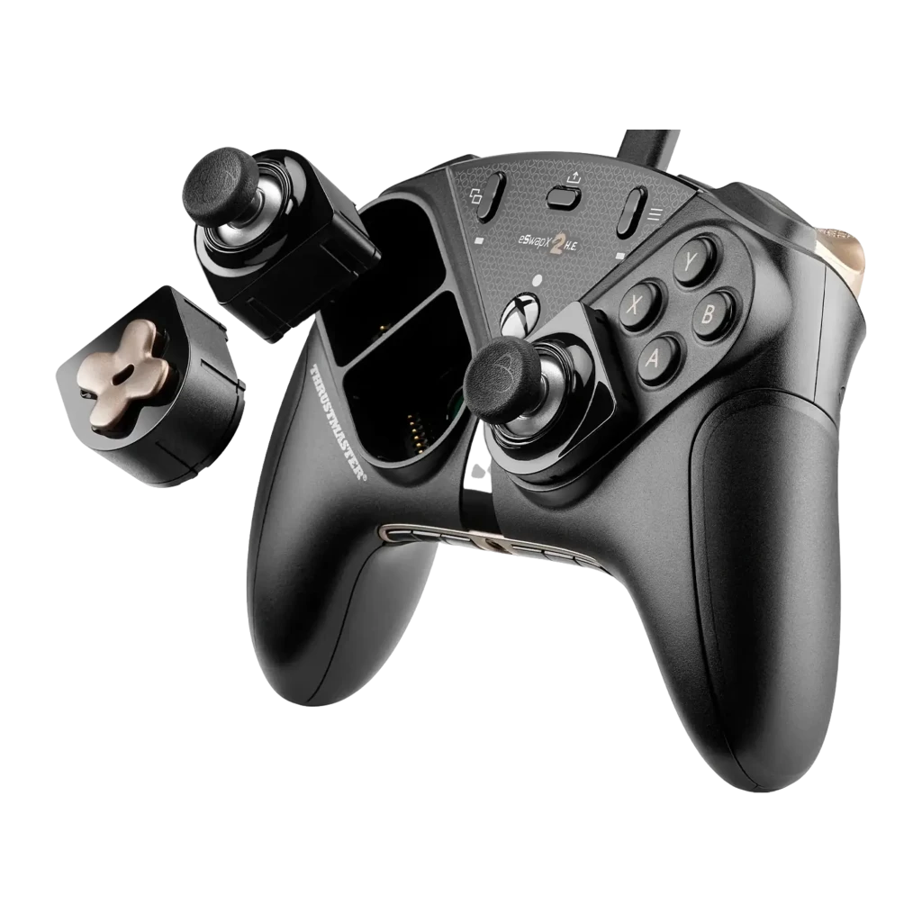 Thrustmaster Mando ESWAP X2 H.E Negro, vista frontal: cable USB, cruceta y botones dorados sobre fondo oscuro - Ítem2
