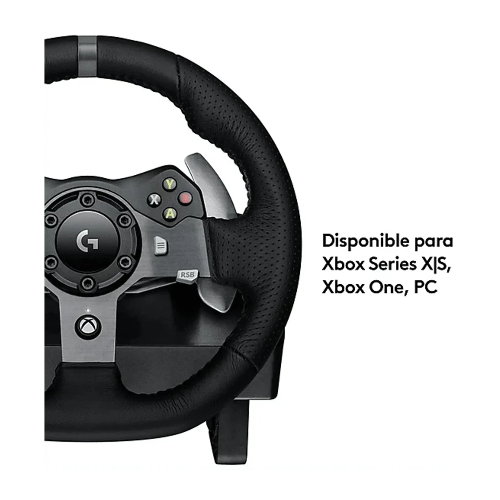 Logitech G G920 negro, vista principal: volante de cuero perforado con botones Xbox y pedales metálicos en ángulo lateral - Ítem3