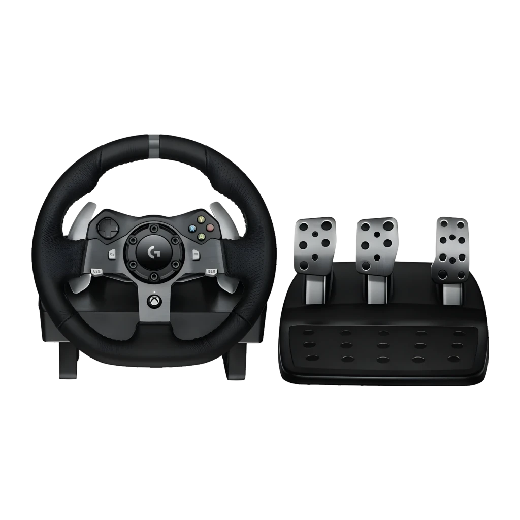Logitech G G920 negro, vista principal: volante de cuero perforado con botones Xbox y pedales metálicos en ángulo lateral - Ítem1
