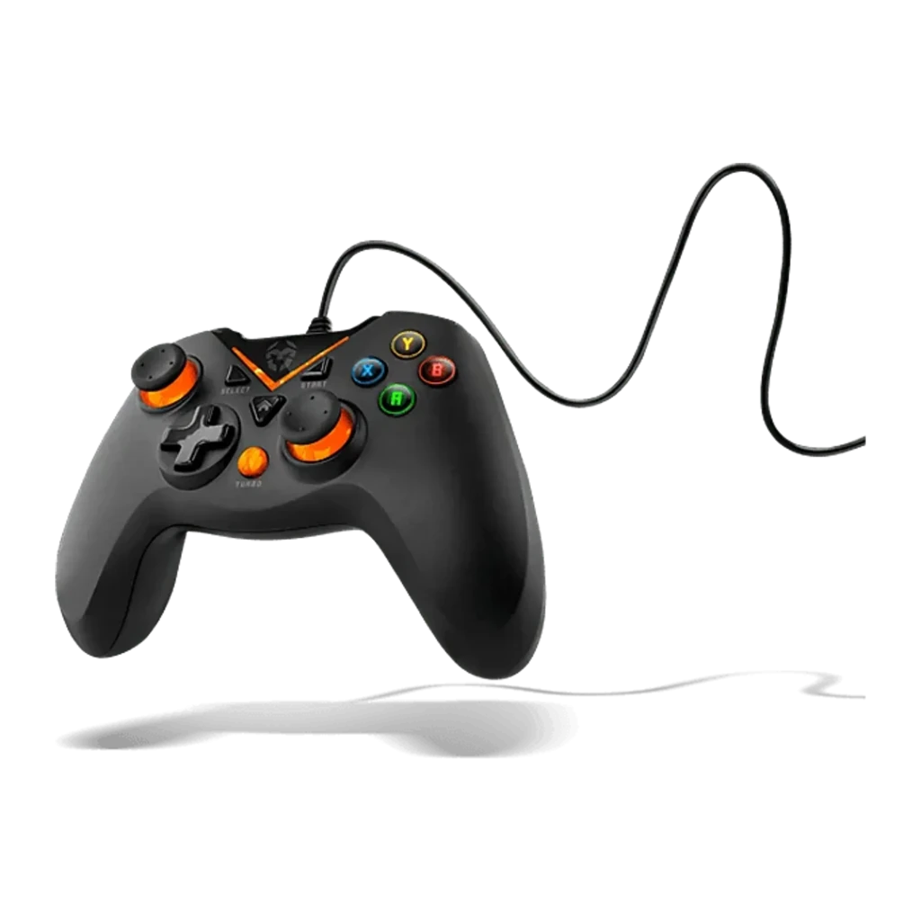 Krom NOX NXKROMKEY comando preto, vista frontal em ângulo: sticks analógicos laranja, botões de ação e botão Turbo visíveis - Item2