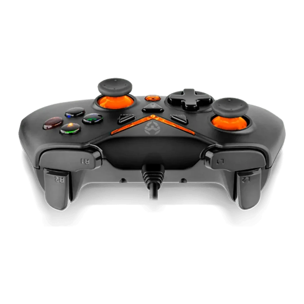 Krom NOX NXKROMKEY comando preto, vista frontal em ângulo: sticks analógicos laranja, botões de ação e botão Turbo visíveis - Item3