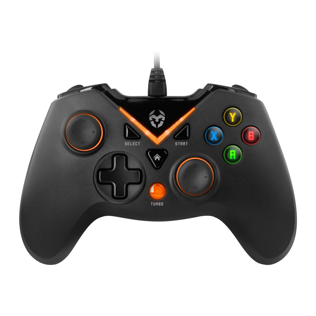 Krom NOX NXKROMKEY comando preto, vista frontal em ângulo: sticks analógicos laranja, botões de ação e botão Turbo visíveis - Item1